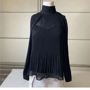 Banana Republic Black Sheer Pleated High Neck Blouse Sz M